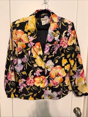 Coldwater Creek Black Floral 100% Silk Blouse with Yellow & Pink Flowers